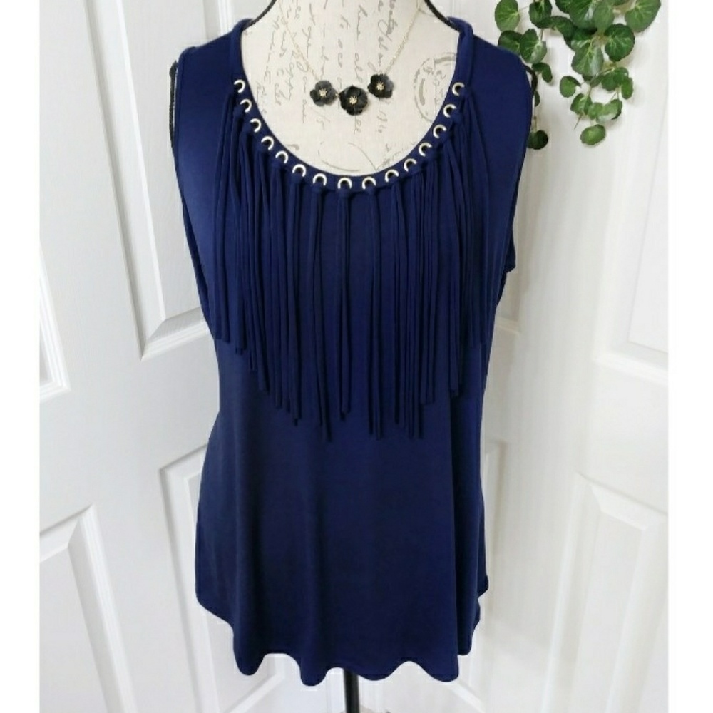 Avenue Navy Blue Fringe Top Size 14